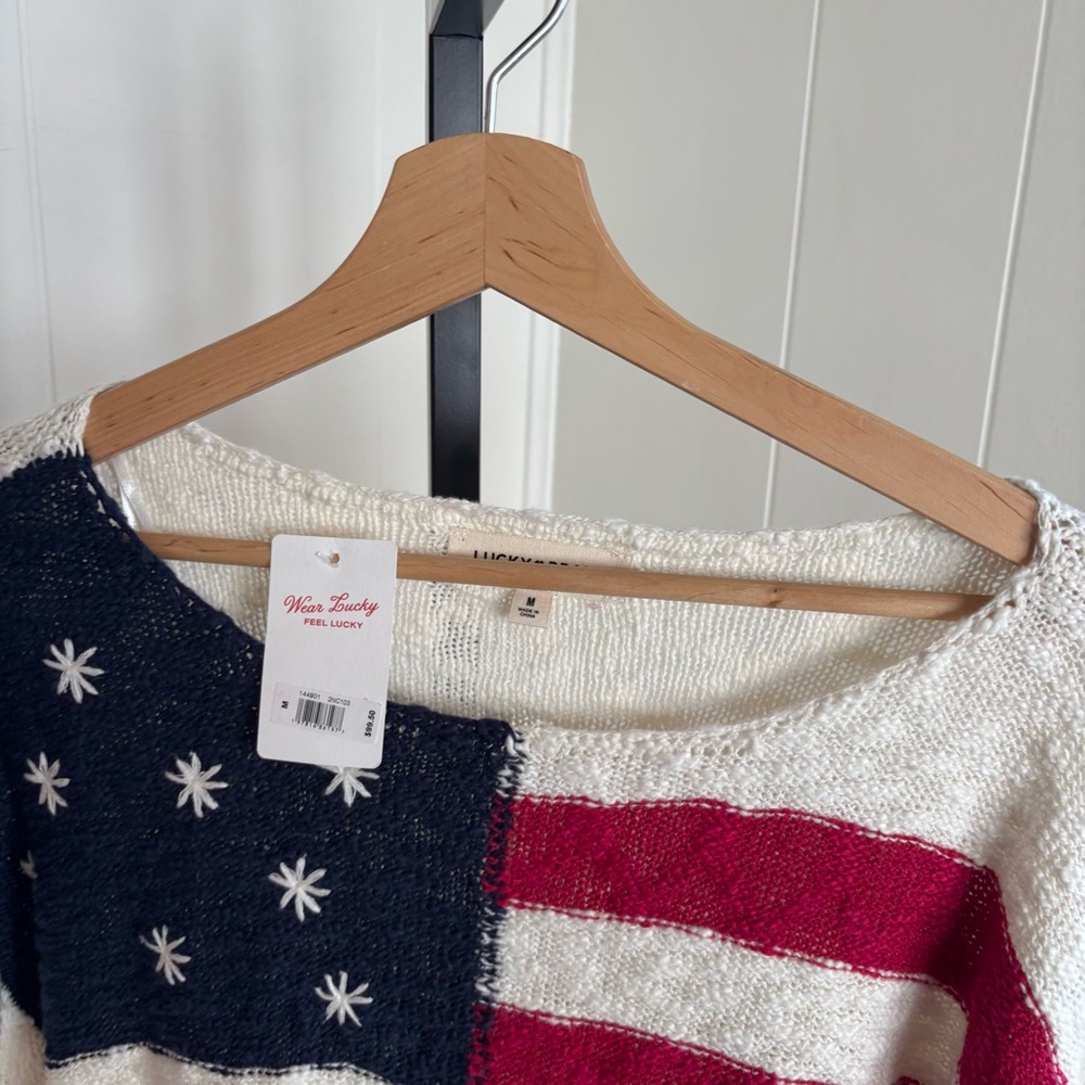 Lucky Brand Womens M American Flag Sweater NWT Boat Neck Cotton Blend Pullover